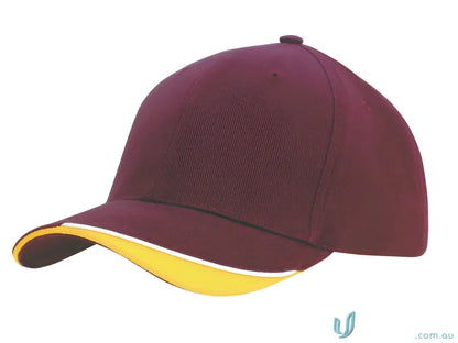 Maroon heavy sports twill baseball cap with yellow brim and contour trim