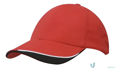 Red baseball cap with black and white contour trim made from brushed heavy sports twill