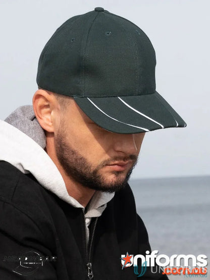 Dark green brushed heavy cotton baseball cap with white striped brim for style