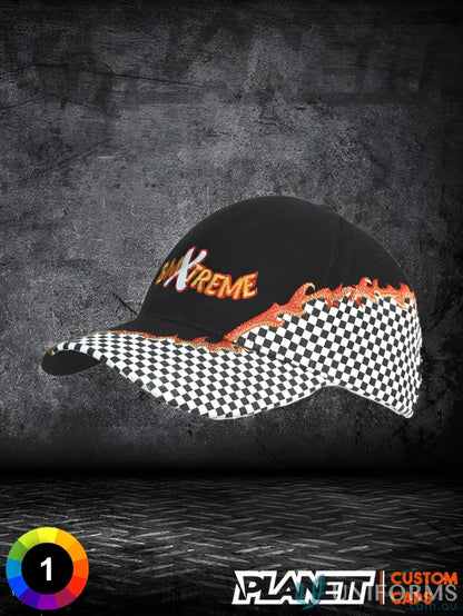 Black baseball cap with checkered brim and flame accents, fits with inch size guide