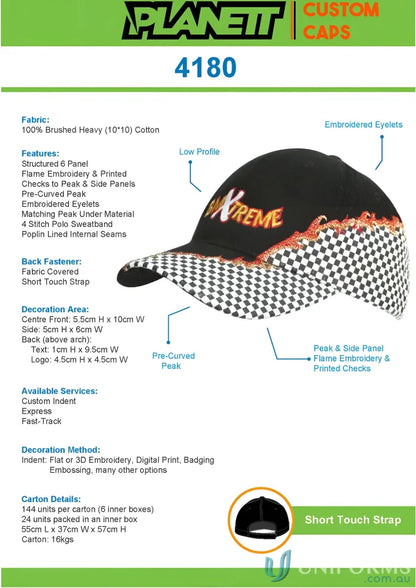 Black and white checkered baseball cap, see dimension details with inch size guide
