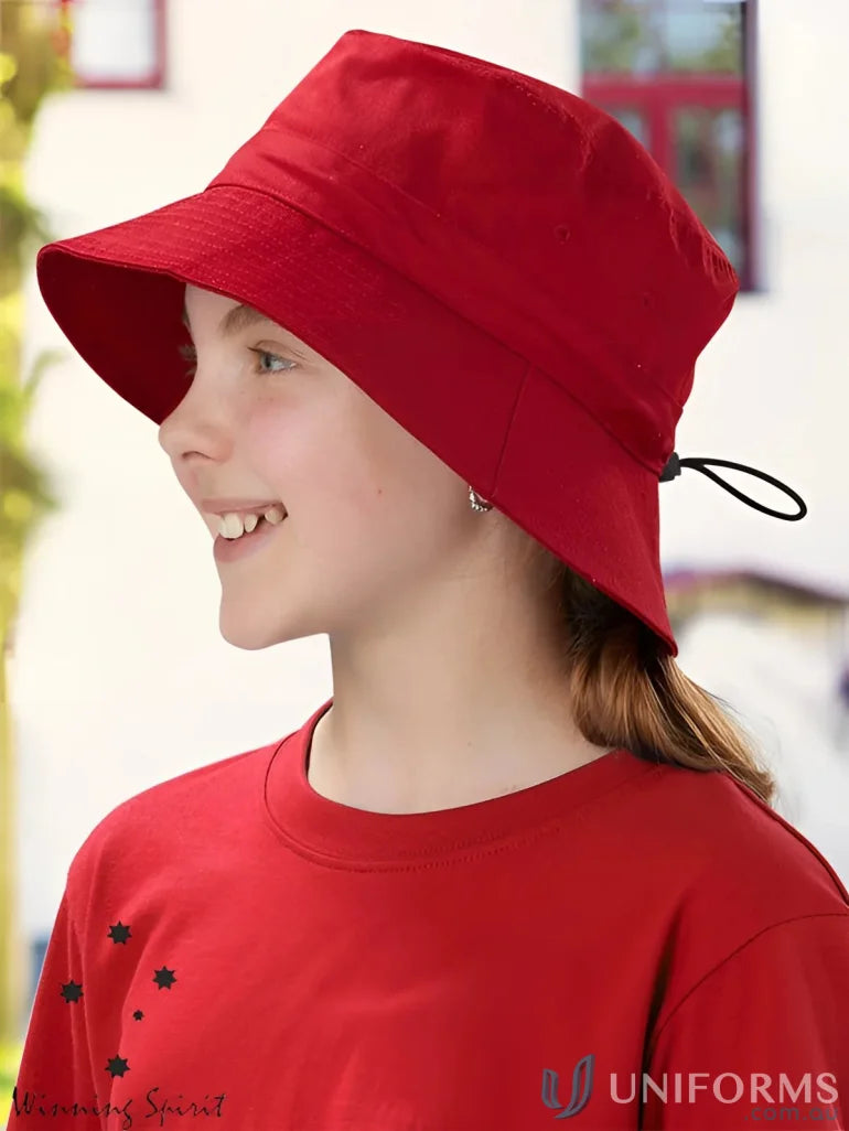 Red winning spirit bucket hat with sun protection soft brim for style and shade