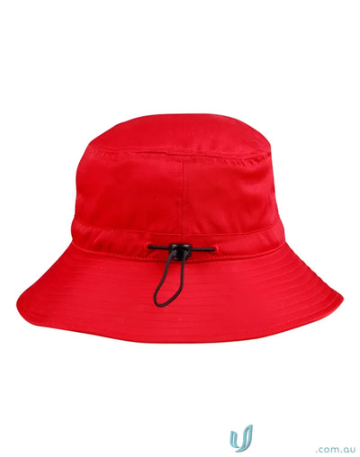 Red spirit bucket hat with sun protection soft brim and adjustable chin strap for winning spirit bucket style
