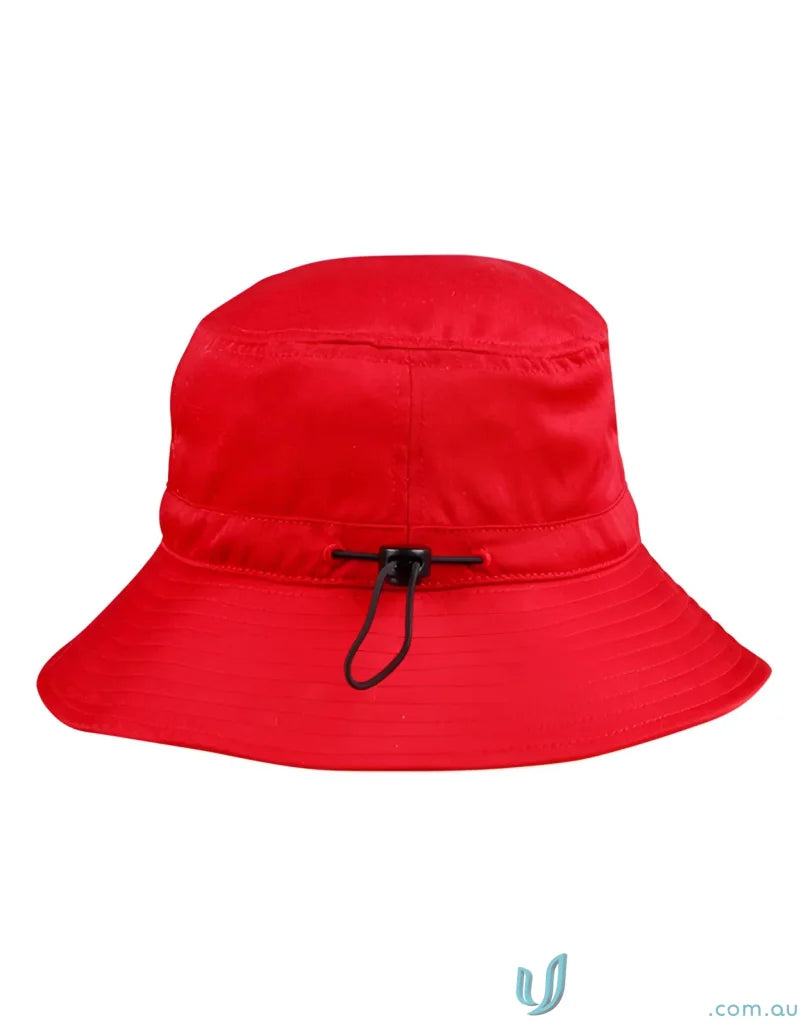 Red spirit bucket hat with sun protection soft brim and adjustable chin strap for winning spirit bucket style