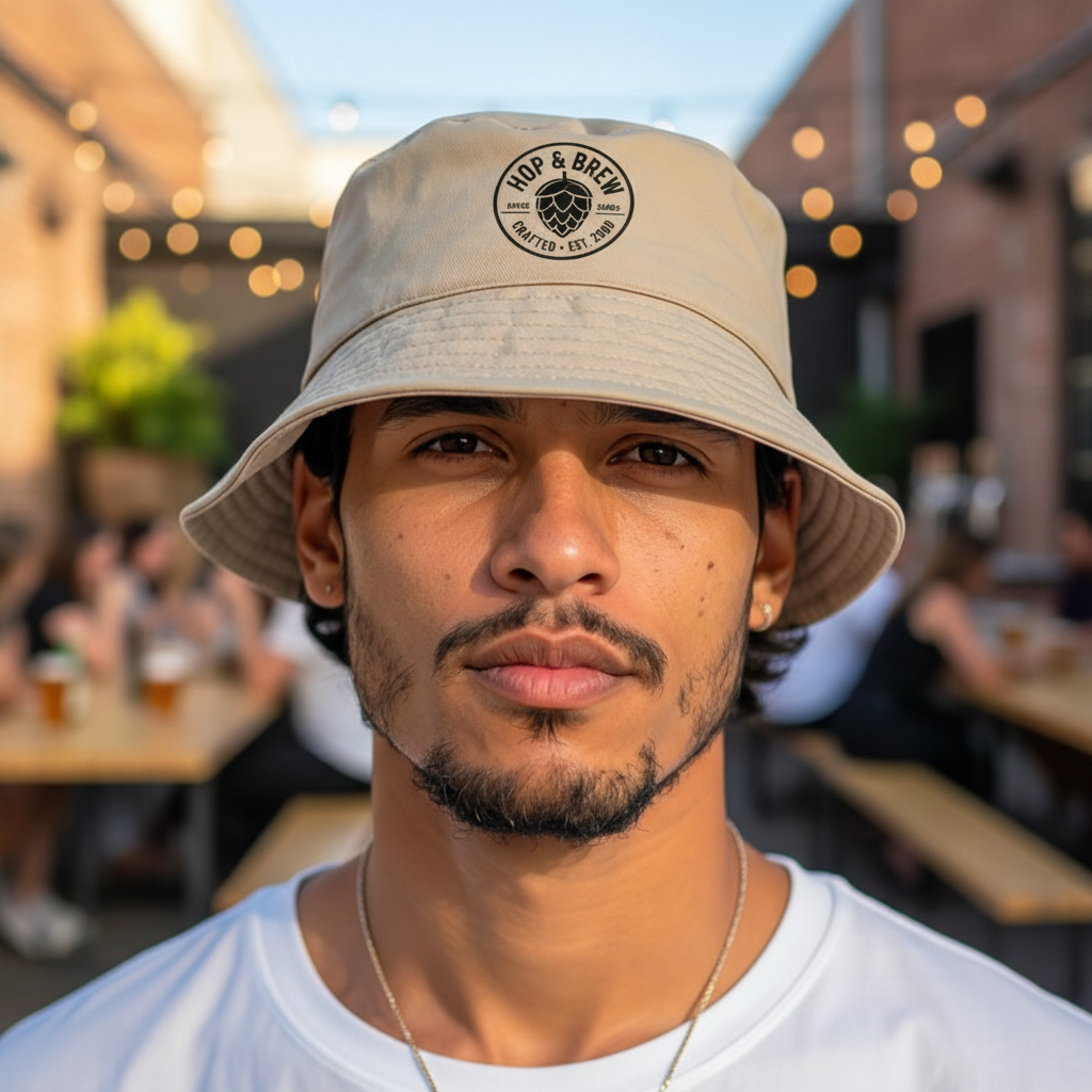 Man wearing a beige bucket hat with a logo in an outdoor setting