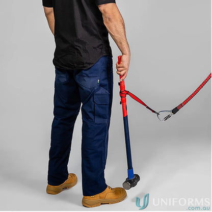 Blue work pants with cargo pockets, featuring elasticised webbing and dual-action carabiner clip