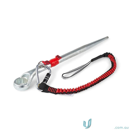Metal tool with lanyard and dual-action carabiner on elasticised webbing and wide tail loop