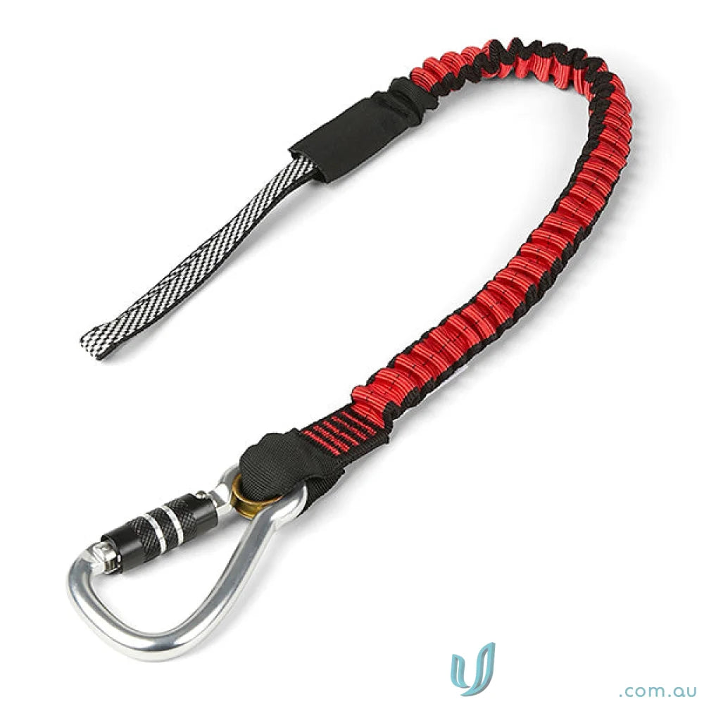 Red and black bungee lanyard with dual-action carabiner and elasticised webbing