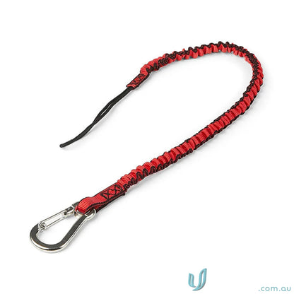 Red and black coiled bungee tether with elasticised webbing and metal clip for security