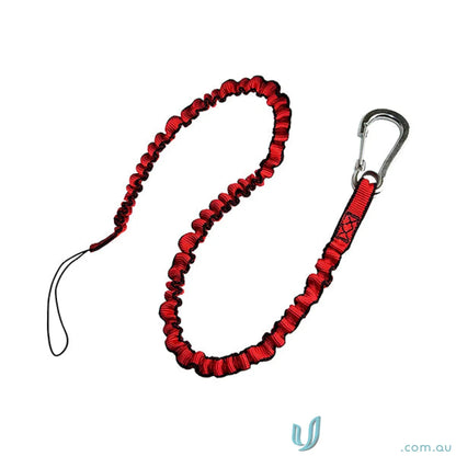 Red coiled bungee tether with elasticised webbing and metal clip for secure attachment