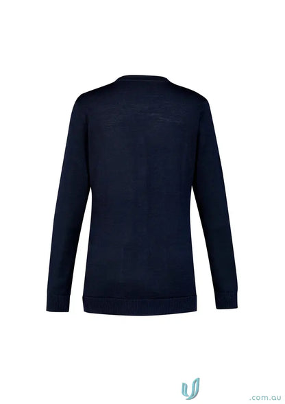 Dark blue merino wool knit Button Front Knit Cardigan with crew neck and ribbed cuffs