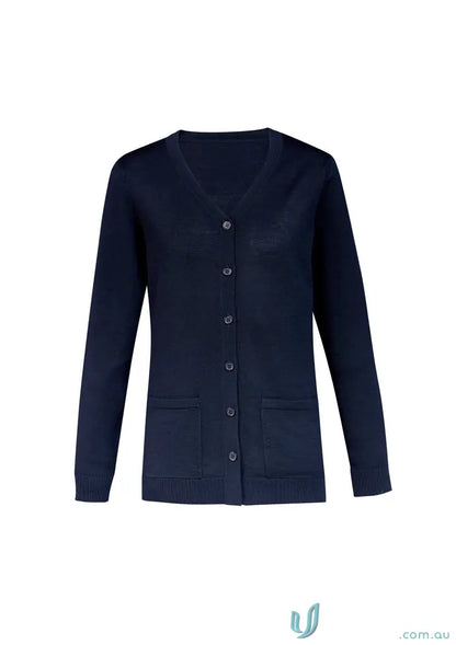 Dark blue merino wool knit Button Front Knit Cardigan with V-neck and patch pockets