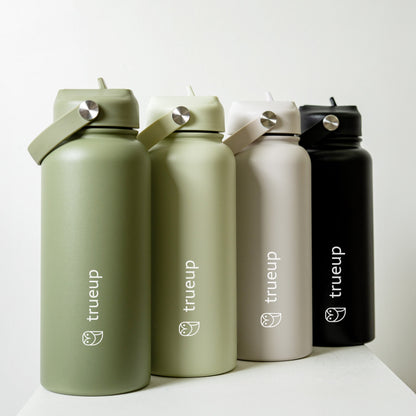 Green Byron 1L stainless steel bottle with trueup logo, straw & handle