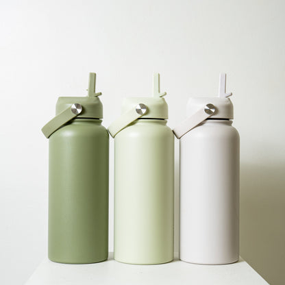 3-pack Byron 1L insulated stainless steel bottles in sage green, mint, white with integrated carry handle and stainless steel straw