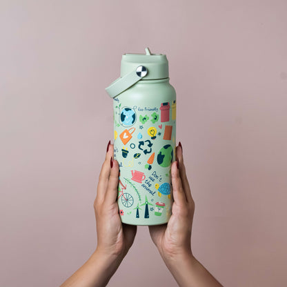 Mint green Byron 1L insulated stainless steel bottle with straw and handle