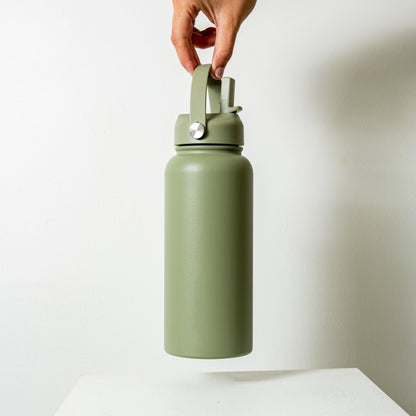 Olive green matte Byron 1L stainless steel bottle with integrated carry handle and straw