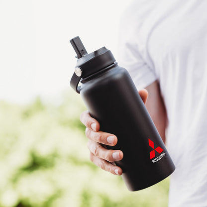 Black Byron 1L insulated stainless steel bottle with red Mitsubishi logo, spout, integrated carry handle, and stainless steel straw