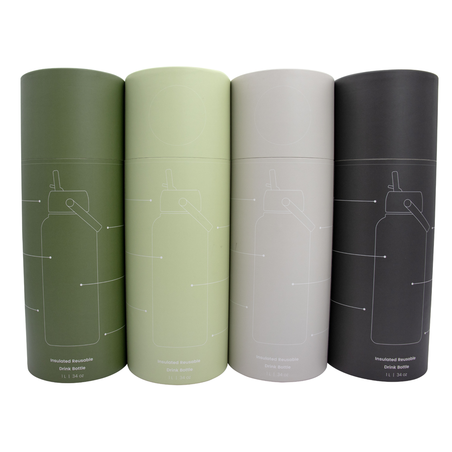 4-pack Byron 1L matte insulated stainless steel bottles in olive, sage, gray, black with integrated carry handle and stainless steel straw