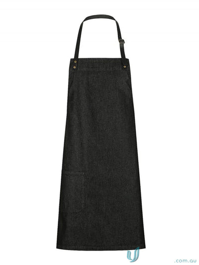 Black full-length apron in indigo denim with adjustable neck strap, perfect for uniforms