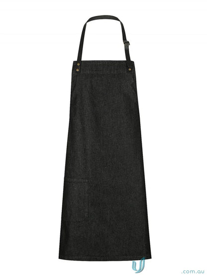 Black full-length apron in indigo denim with adjustable neck strap, perfect for uniforms