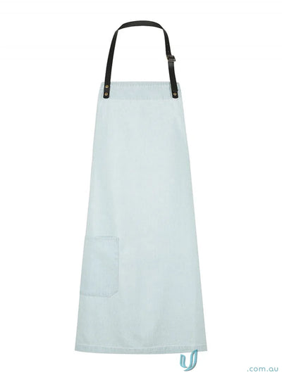 Light blue Byron Indigo Apron with black straps and front pocket, perfect for uniforms