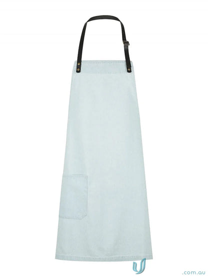 Light blue Byron Indigo Apron with black straps and front pocket, perfect for uniforms