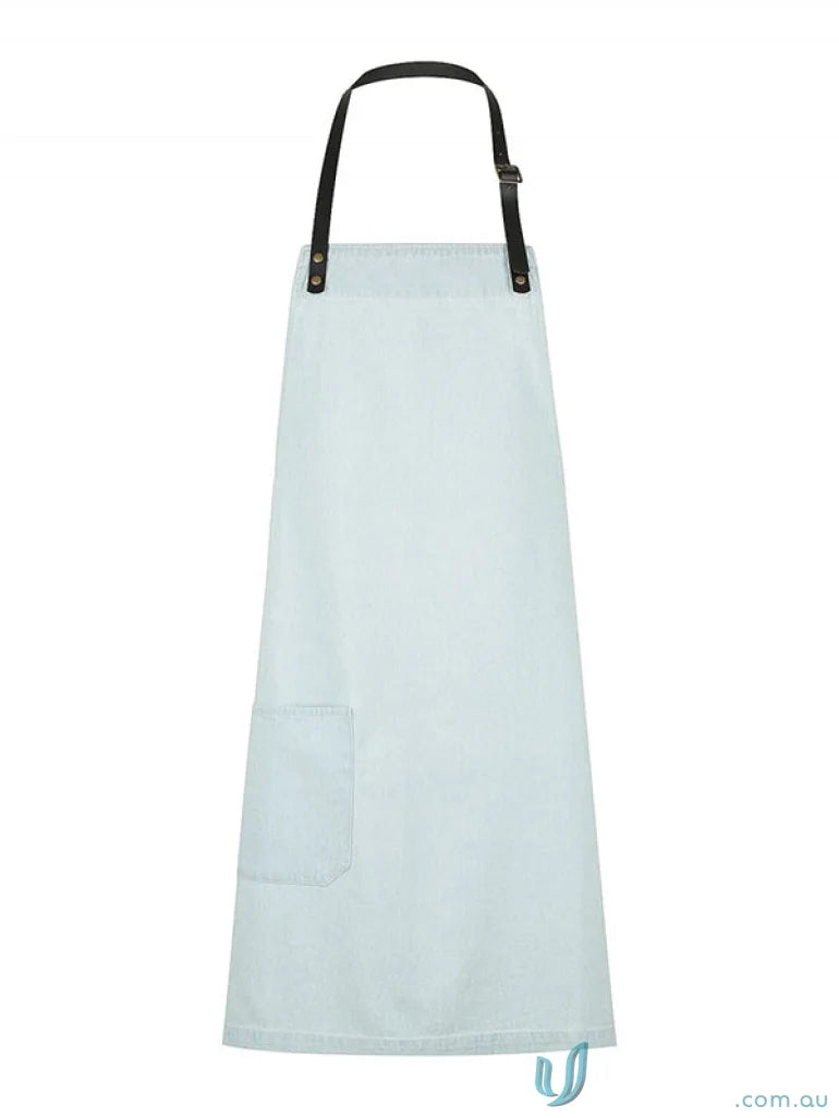 Light blue Byron Indigo Apron with black straps and front pocket, perfect for uniforms