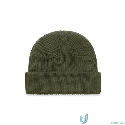 Solid olive green ribbed knit beanie in fisherman style, perfect size fits and colour label