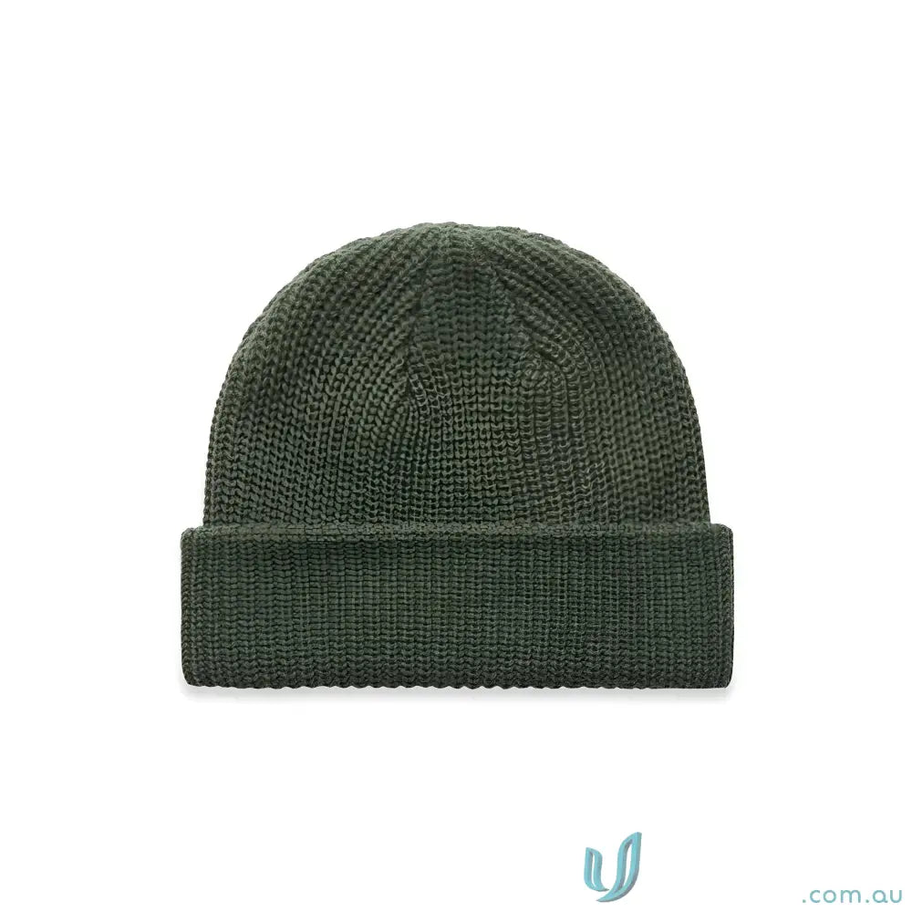 Olive green knit cable beanie for a classic colour cable beanie look
