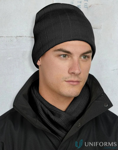 Black knit beanie featuring cable knit design from Cable Knit Beanie With Fleece Headband