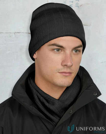 Black knit beanie featuring cable knit design from Cable Knit Beanie With Fleece Headband