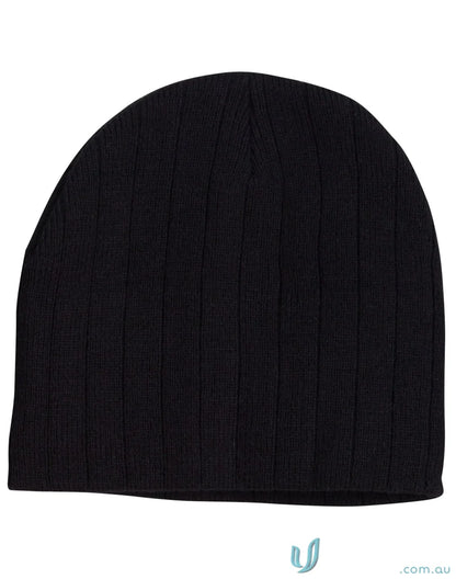 Black ribbed knit beanie from Winning Spirit Cable Knit Beanie with Fleece Headband