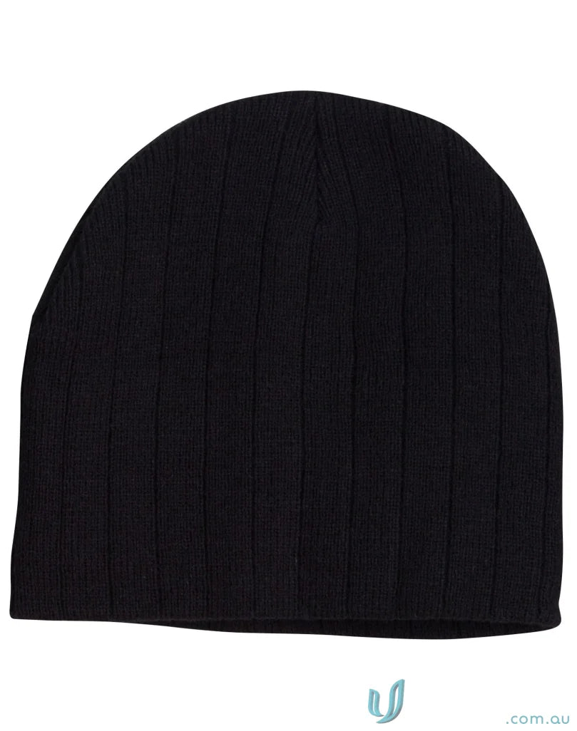 Black ribbed knit beanie from Winning Spirit Cable Knit Beanie with Fleece Headband