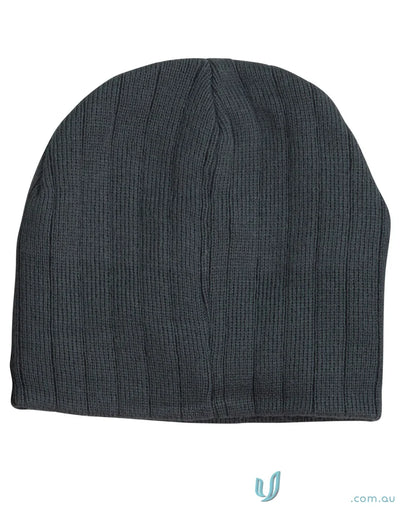 Gray ribbed knit beanie with fleece headband featuring winning spirit cable knit design