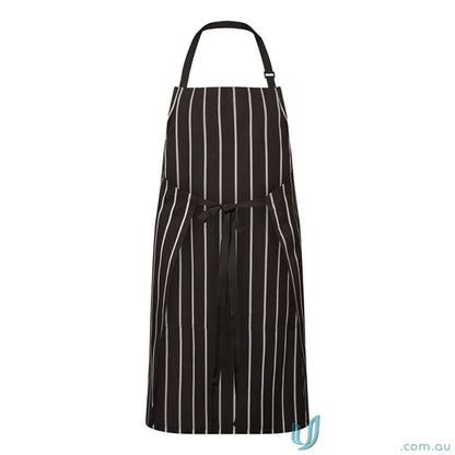 Black and white striped bib apron with waist ties, perfect workwear for cafes and kitchens