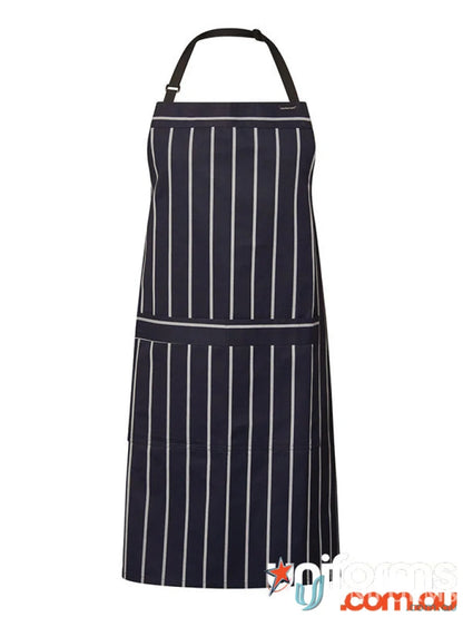 Navy blue and white pinstriped cafe stripe apron with front pocket for workwear or uniforms