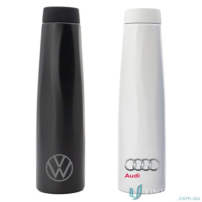 Two Calypso 750ml stainless steel double-walled vacuum water bottles with ergonomic rotating handles