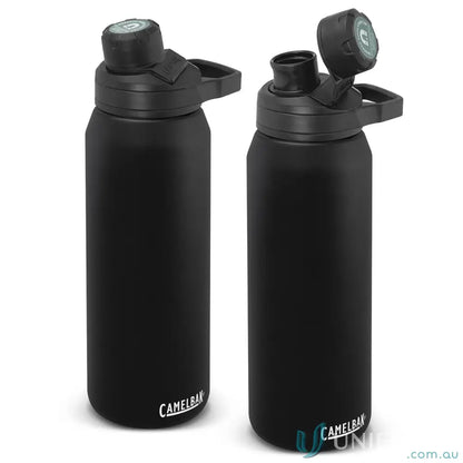 Two black CamelBak Chute Mag bottles with vacuum bottle secure lid and double-wall insulation