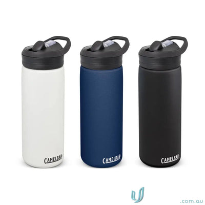 Three CamelBak Eddy+ water bottles with vacuum insulated stainless steel and medical-grade silicone valve