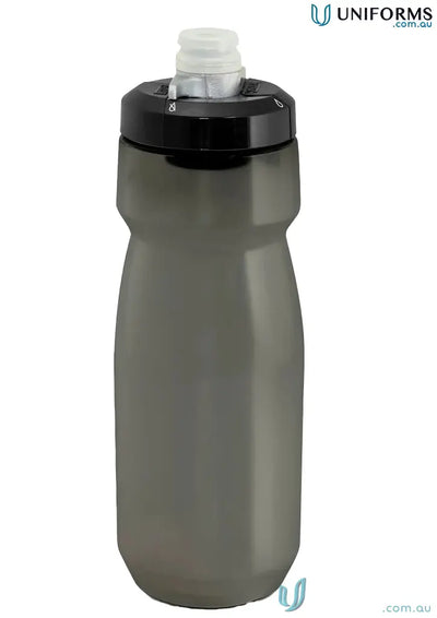 Gray CamelBak Podium bike bottle with black cap for uniforms or cycling gear