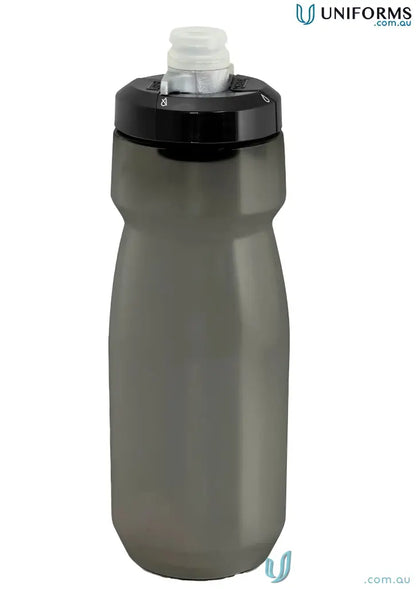 Gray CamelBak Podium bike bottle with black cap for uniforms or cycling gear