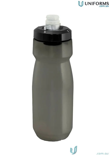 Gray water bottle with black cap from CamelBak Podium bike bottle collection for uniforms