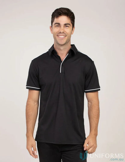 Black Campbell Polo with white trim made from meet global recycled fibres, cooldry moisture management