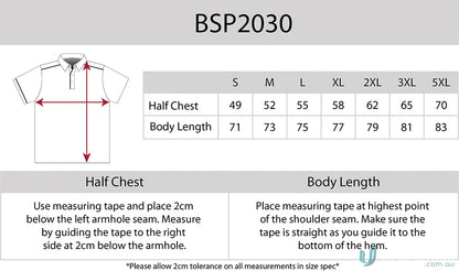 Clothing size chart for Campbell Polo made with recycled fibres and CoolDry tech