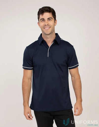 Navy Polo Shirt with White Trim from Campbell Polo made with meet global recycled fibres and cooldry moisture management