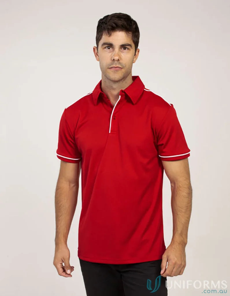 Red Campbell Polo shirt with white trim made from recycled fibres and cooldry moisture management