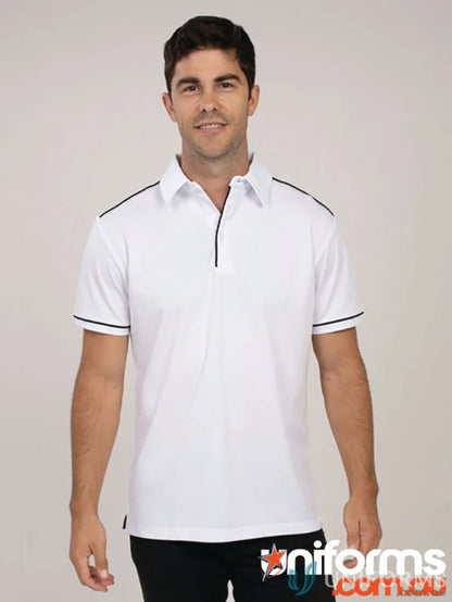 Campbell Polo in white with black trim made from meet global recycled fibres, cooldry moisture management