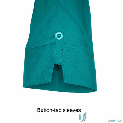 Teal button-tab sleeve on Candidate Ladies 3/4 Sleeve Shirts for workwear uniforms