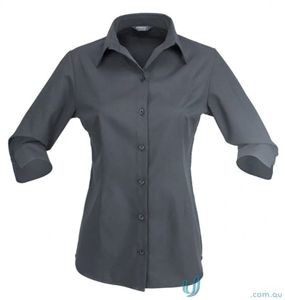 Gray ladies button-down workwear shirt with 3/4 sleeves from Candidate Ladies line