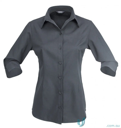 Gray ladies button-down workwear shirt with 3/4 sleeves from Candidate Ladies line